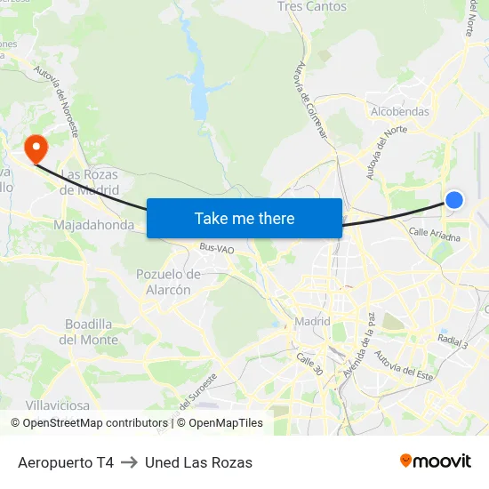 Aeropuerto T4 to Uned Las Rozas map