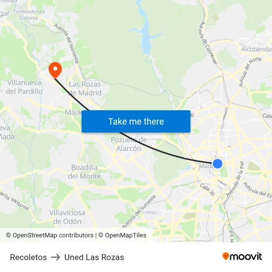 Recoletos to Uned Las Rozas map