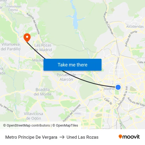 Metro Príncipe De Vergara to Uned Las Rozas map