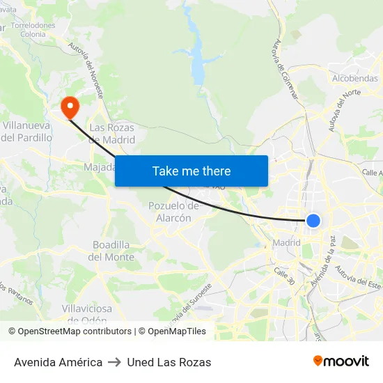 Avenida América to Uned Las Rozas map