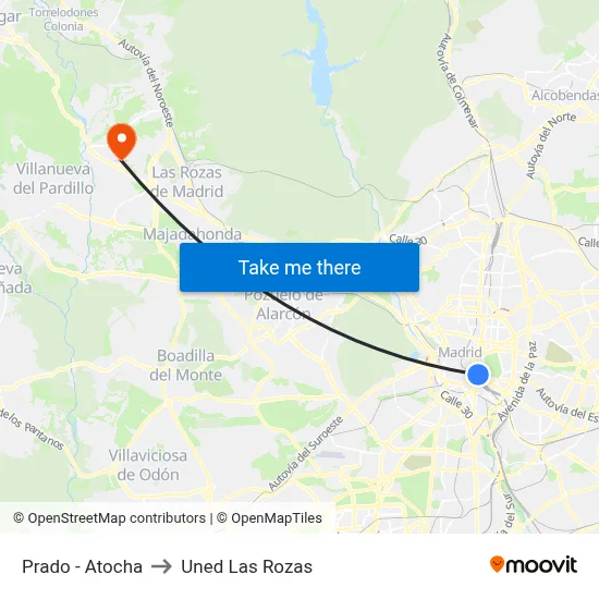 Prado - Atocha to Uned Las Rozas map