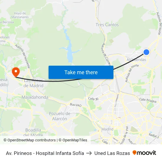 Av. Pirineos - Hospital Infanta Sofía to Uned Las Rozas map
