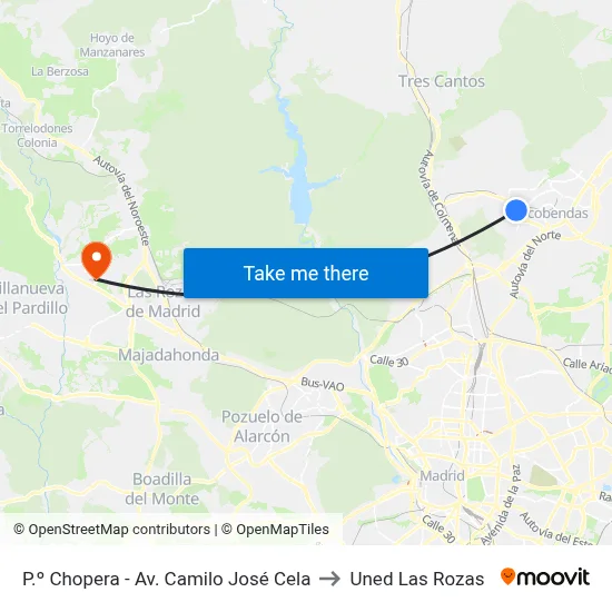 P.º Chopera - Av. Camilo José Cela to Uned Las Rozas map