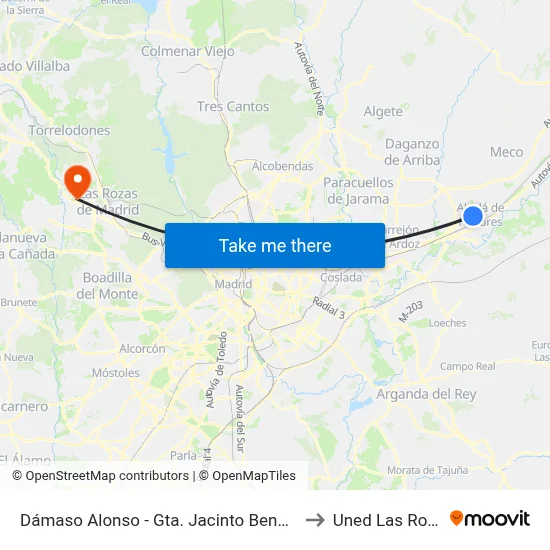 Dámaso Alonso - Gta. Jacinto Benavente to Uned Las Rozas map