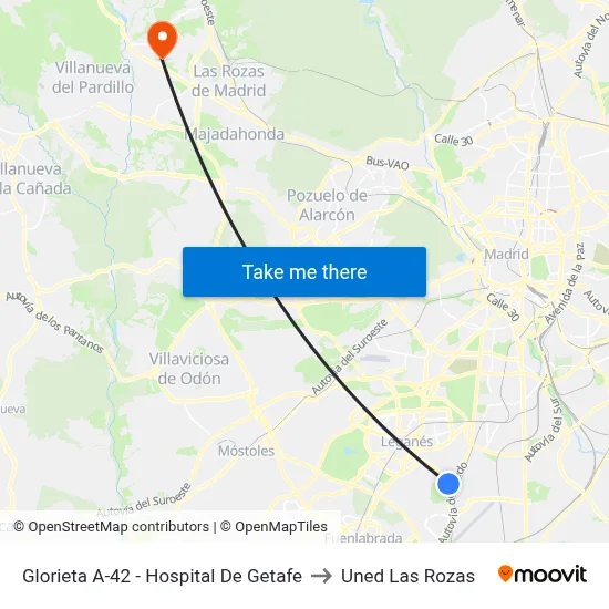 Glorieta A-42 - Hospital De Getafe to Uned Las Rozas map
