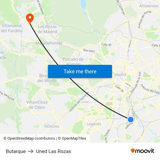 Butarque to Uned Las Rozas map