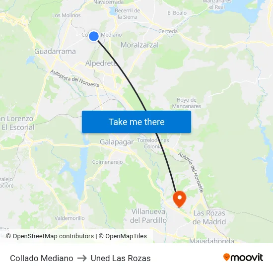 Collado Mediano to Uned Las Rozas map