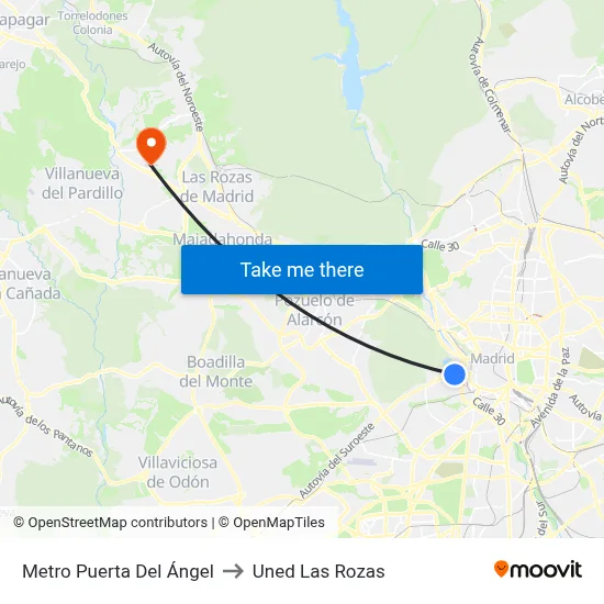 Metro Puerta Del Ángel to Uned Las Rozas map