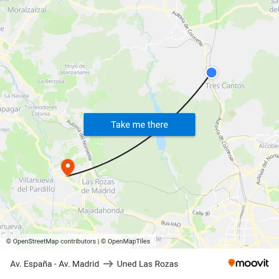 Av. España - Av. Madrid to Uned Las Rozas map