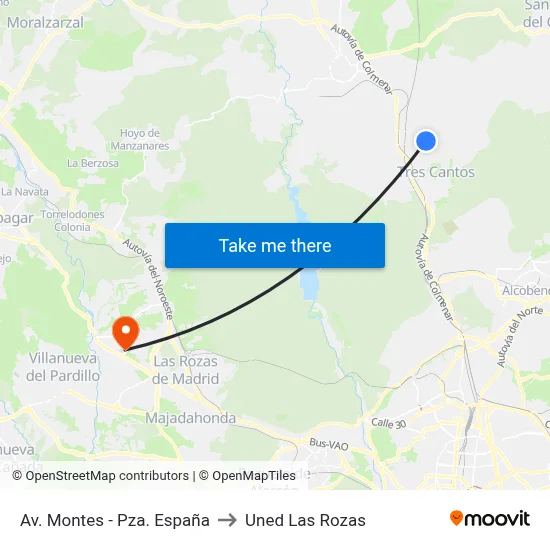 Av. Montes - Pza. España to Uned Las Rozas map