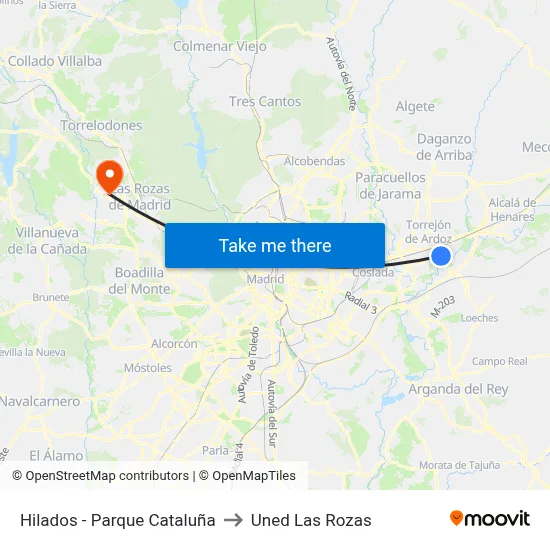 Hilados - Parque Cataluña to Uned Las Rozas map