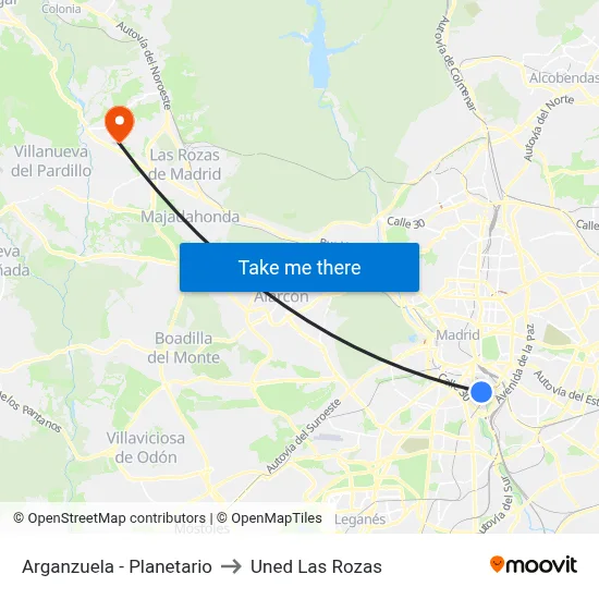 Arganzuela - Planetario to Uned Las Rozas map