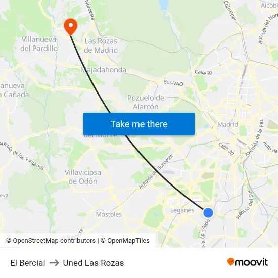 El Bercial to Uned Las Rozas map