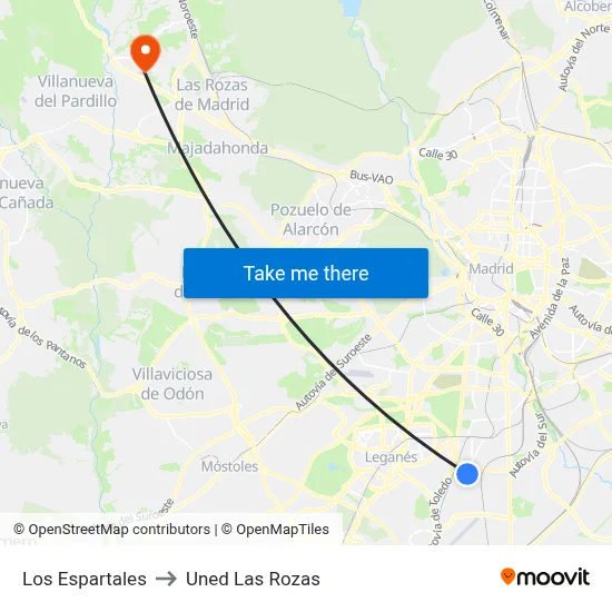 Los Espartales to Uned Las Rozas map