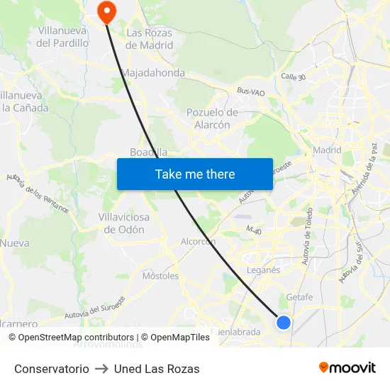 Conservatorio to Uned Las Rozas map