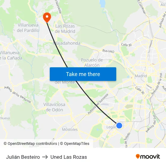 Julián Besteiro to Uned Las Rozas map