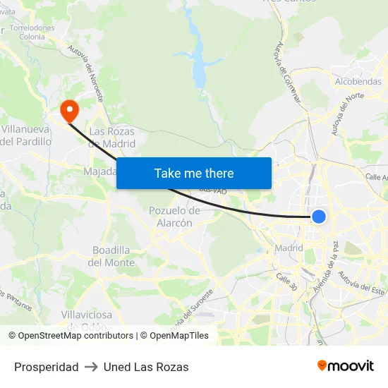 Prosperidad to Uned Las Rozas map