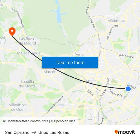San Cipriano to Uned Las Rozas map