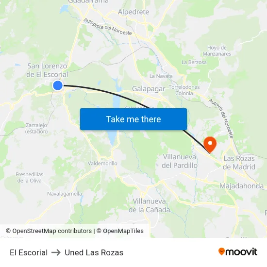 El Escorial to Uned Las Rozas map