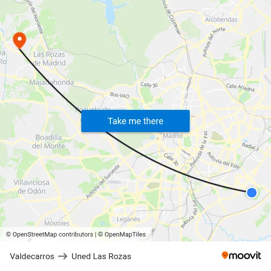 Valdecarros to Uned Las Rozas map