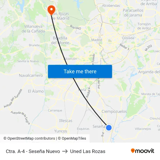 Ctra. A-4 - Seseña Nuevo to Uned Las Rozas map