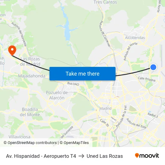 Av. Hispanidad - Aeropuerto T4 to Uned Las Rozas map