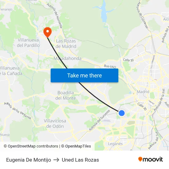Eugenia De Montijo to Uned Las Rozas map