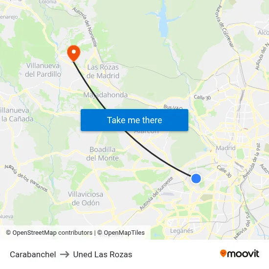Carabanchel to Uned Las Rozas map