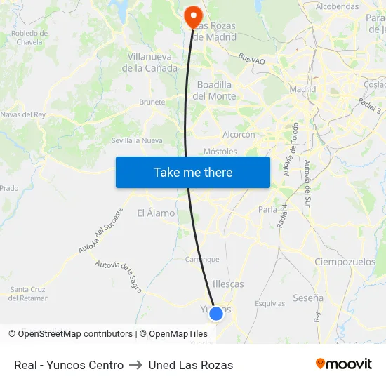 Real - Yuncos Centro to Uned Las Rozas map