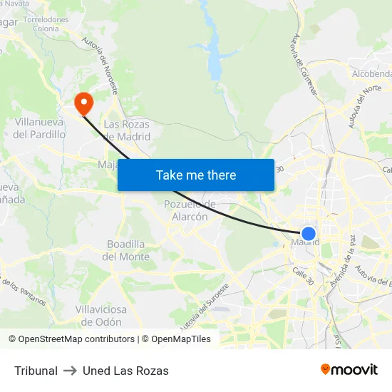 Tribunal to Uned Las Rozas map