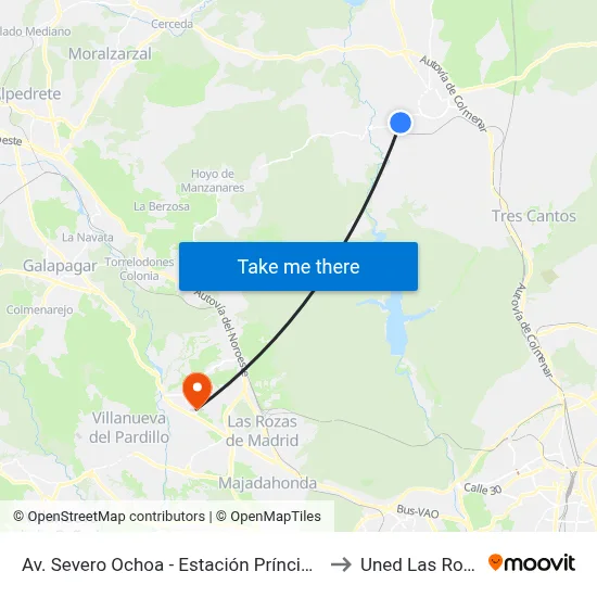 Av. Severo Ochoa - Estación Príncipe Pío to Uned Las Rozas map