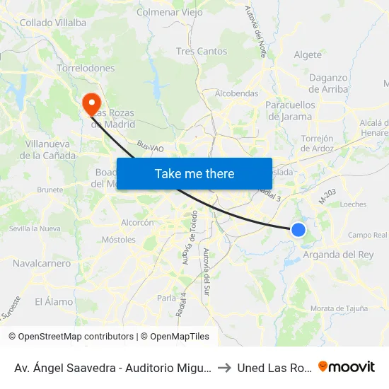 Av. Ángel Saavedra - Auditorio Miguel Ríos to Uned Las Rozas map