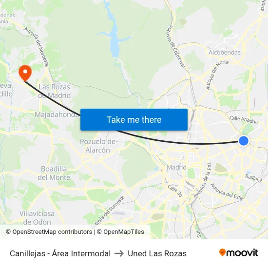 Canillejas - Área Intermodal to Uned Las Rozas map