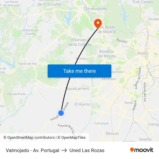 Valmojado - Av. Portugal to Uned Las Rozas map