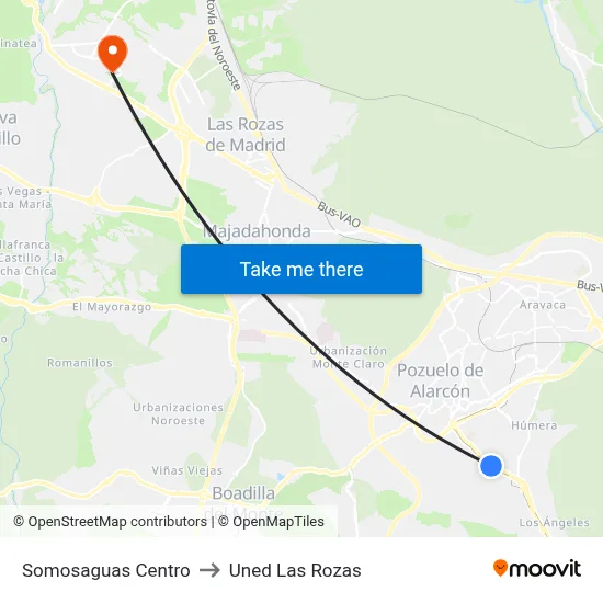 Somosaguas Centro to Uned Las Rozas map