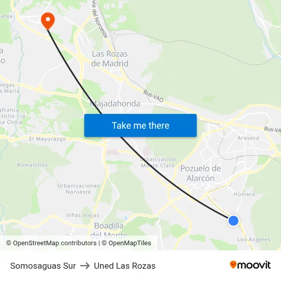Somosaguas Sur to Uned Las Rozas map