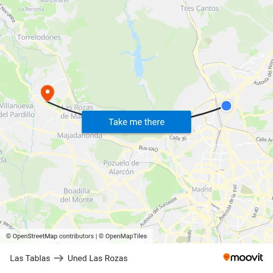 Las Tablas to Uned Las Rozas map