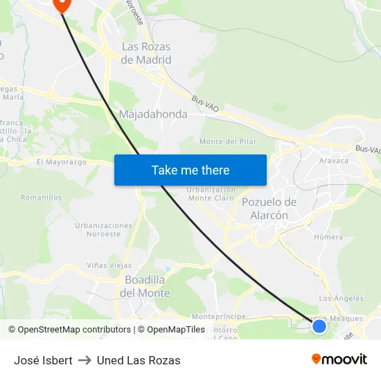 José Isbert to Uned Las Rozas map