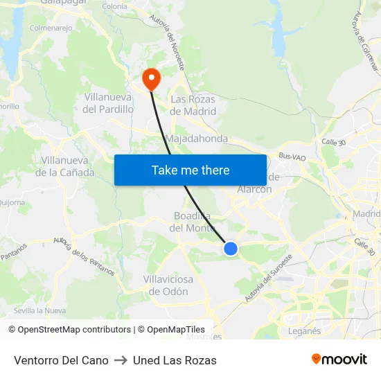 Ventorro Del Cano to Uned Las Rozas map