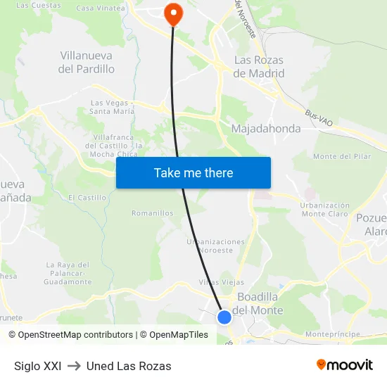 Siglo XXI to Uned Las Rozas map