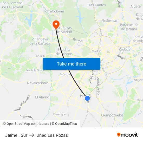 Jaime I Sur to Uned Las Rozas map