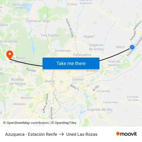 Azuqueca - Estación Renfe to Uned Las Rozas map