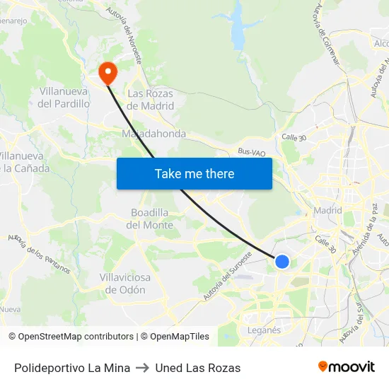 Polideportivo La Mina to Uned Las Rozas map