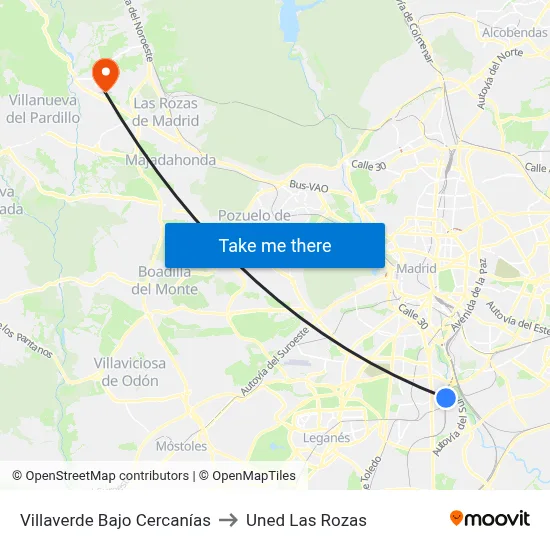 Villaverde Bajo Cercanías to Uned Las Rozas map
