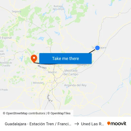 Guadalajara - Estación Tren / Francisco Aritio to Uned Las Rozas map