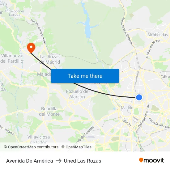 Avenida De América to Uned Las Rozas map