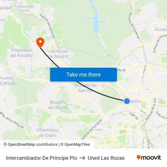Intercambiador De Príncipe Pío to Uned Las Rozas map