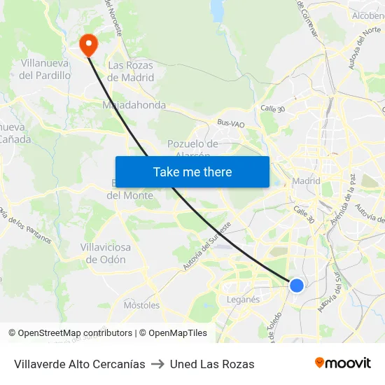 Villaverde Alto Cercanías to Uned Las Rozas map