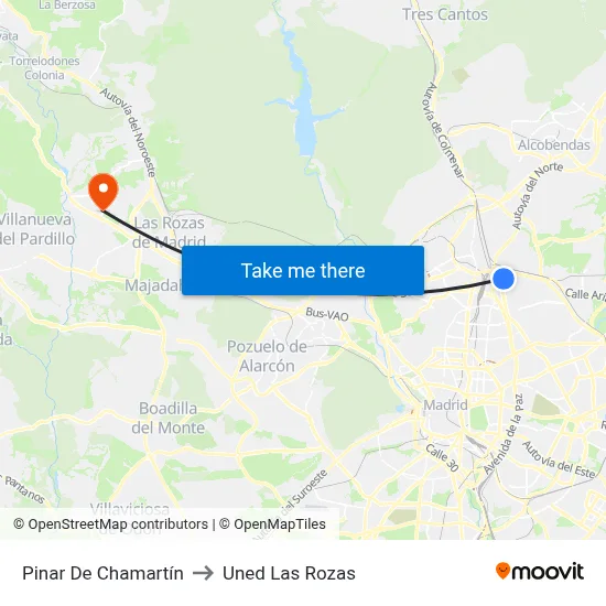 Pinar De Chamartín to Uned Las Rozas map