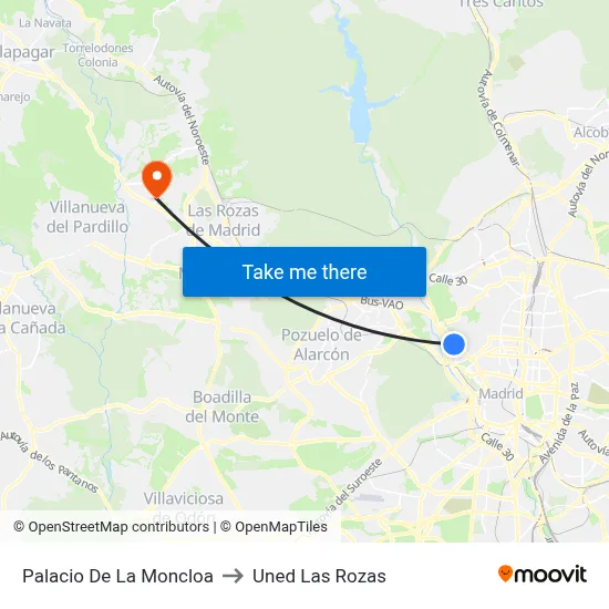 Palacio De La Moncloa to Uned Las Rozas map